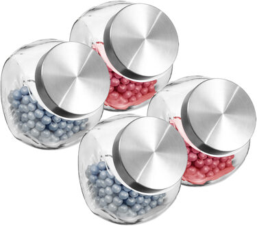 Voorraadpot met RVS deksel - 4x stuks - 1,5 liter - glas - snoeppot - voedsel bewaren - luchtdichte