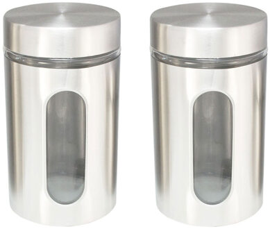 Voorraadpot - Set van 2x stuks - 1,7 liter - glas met RVS - bewaarpot - 10 x 17 cm