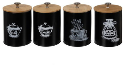 voorraadpotten - 4x stuks - 1,5 L - D11 x H17 cm - koolstofstaal/bamboe hout