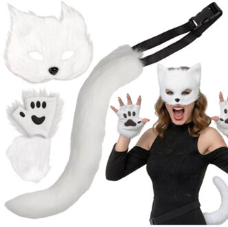 Vossen verkleed kostuum - 4-delig - wit - masker / staart / pootjes - kvos verkleedset