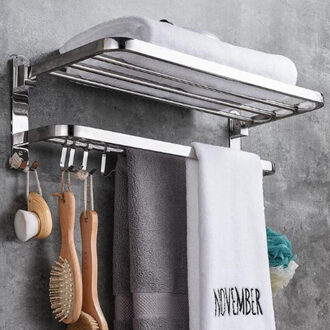 Vouwen 2 Tiers Rvs Badkamer Handdoekenrek Opslag Holder Muur Hanger Gepolijst Wc Handdoek Kleren Plank Met 9 Haken