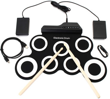 Vouwen Siliconen Elektrische Drum Pad Kit Digitale Usb Roll Up Drum Set Met Drumstokken Voetpedaal Draagbare Elektronische Drum zwart
