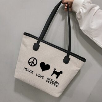 Vrede Liefde Gouden Doodle Grappige Gedrukt Tote Bag Voor Hond Liefhebbers Vrouwen Handtas Strand Tas Dames Purse wit