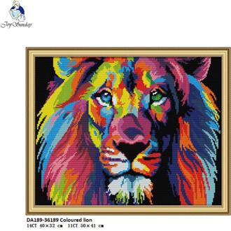 Vreugde Zondag DA189 Gekleurde leeuw, Geteld Gedrukt op Stof DMC 14CT 11CT Kruissteek kits, borduren Handwerken Sets Home Decor 14CT wit Cloth