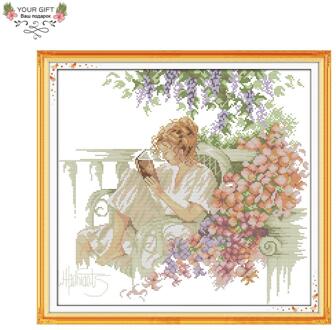 Vreugde Zondag Schoonheid Woondecoratie R445 14CT 11CT Geteld En Gestempeld Vrouw Leest Een Boek Borduurwerk Diy Kruissteek Kits 14CT Stamped product