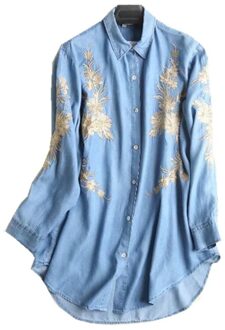 Vriendje Goud lijn Bloem Borduren Mid Lange Shirt Vrouwen Losse Lange mouw Denim Blouse Tops blusas