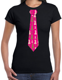 Vrijgezellenfeest stropdas t-shirt met piemels voor dames - zwart M - Feestshirts