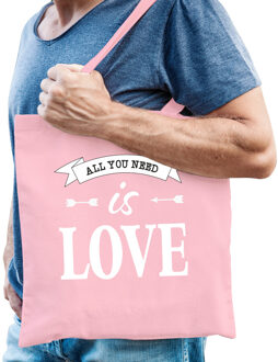 Vrijgezellenfeest tas - katoen - 42 x 38 cm - roze - bruiloft - All you need is love - Feest Boodsc