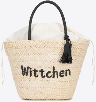 Vrouw Geweven Mand met Logo Beige en Zwart Beige en Zwart Maïskolf