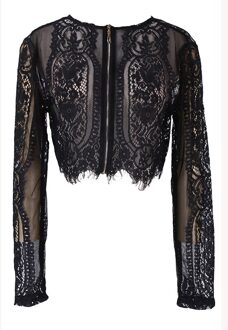 Vrouw Lente Herfst Black Lace Lange Mouwen Blouse Crop Top Hollow Out kantoor dame Shirt