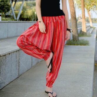 Vrouw Linnen Broek Bloeiers Vrouw Casual Reizen Harembroek Vloeistof Groot Kruis Broek Indian Nepal Baggy Broek Groen Rood Bruin Xl / Rood