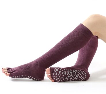 Vrouw Vijf Teen Yoga Sokken Kalf-Lengte Antislip Sport Sok Voor Dames Professionele Dans Barre Training Toeless katoen Sok wijn rood 2