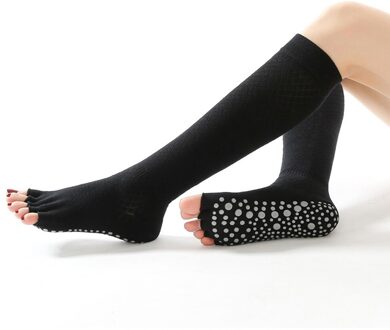 Vrouw Vijf Teen Yoga Sokken Kalf-Lengte Antislip Sport Sok Voor Dames Professionele Dans Barre Training Toeless katoen Sok zwart 2