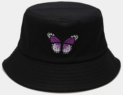 Vrouwelijke Bob Lente Zomer Emmer Hoed Voor Vrouwen Mannen Wilde Vlinder Visser Hoed Koreaanse Outdoor Paar Zonnebrandcrème Zonnehoed zwart en paars