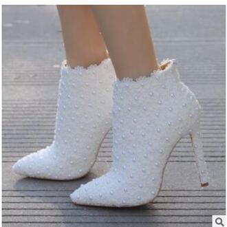 Vrouwelijke Bruiloft Laarzen Vrouwen Schoenen Wees Teen Hoge Hakken 11 CM Kant Parel Elegante Dames Schoenen Enkellaarsjes Zoete bruids Schoenen 7