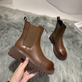 Vrouwelijke Chelesa Laarzen Enkel Elastische Band Korte Pluche Bont Goede Chunky Hak Platform Lederen Laarzen Vrouwen Schoenen Bruin / 40