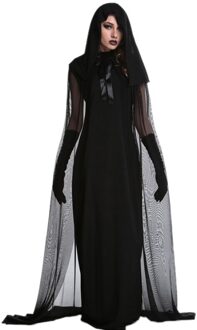 Vrouwelijke Halloween Heks Plus Size Lange Jurk Kostuum Herfst Winter Zwarte Jurken Met Hoed En Handschoenen 1 Set XXL