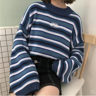 Vrouwelijke Koreaanse Harajuku Kleding Voor Vrouwen Losse Wilde Gestreepte Student Trui Vrouwen Truien Kawaii Ulzzang Trui Jumper