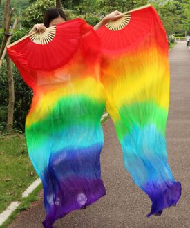 Vrouwen 100% Echte Zijde Buikdans Fan Sluiers Van Buikdans Fans Regenboog Kleur 180*90cm