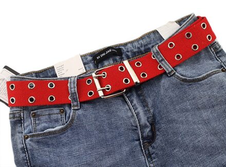 Vrouwen 105Cm Bezaaid Grommet Hole 2 Rij Pin Gesp Canvas Nylon Riem Tailleband Rood
