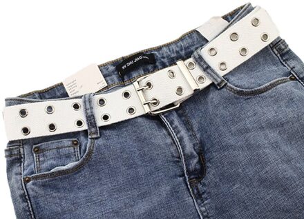 Vrouwen 105Cm Bezaaid Grommet Hole 2 Rij Pin Gesp Canvas Nylon Riem Tailleband wit