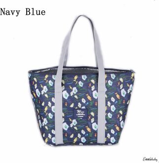Vrouwen Bloemenprint Picknick Opbergtas Pouch Opvouwbare Geïsoleerde Thermische Cooler Bento Lunchbox Tote marine blauw
