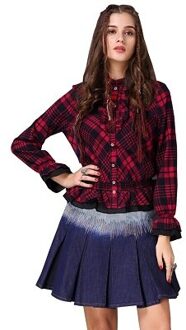 Vrouwen Blouse Yuzi. kan Boho Katoen Blusas Stand Kraag Enkele Breasted Ruches Hem Patchwork Vrouwen Shirt B9250