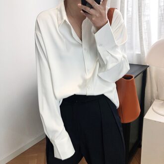 Vrouwen Blouses Turn-Down Kraag Satijn Zijde Womens Tops En Blouses Dames Solid Chiffon Shirt Vrouwen Top ol Stijl wit / S