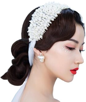 Vrouwen Bruiloft Handgemaakte Kralen Brede Hoofdband Bridal Volledige Imitatie Parel Haarband Mesh Lint Sieraden Ketting Hoofdtooi