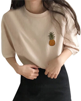 Vrouwen Casual Korte Mouw Ananas Borduurwerk O-hals Losse Tops Tee T-Shirt t-shirt Vrouwen t-shirt футболка женская Beige / L