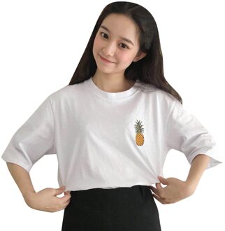 Vrouwen Casual Korte Mouw Ananas Borduurwerk O-hals Losse Tops Tee T-Shirt t-shirt Vrouwen t-shirt футболка женская wit / XXL