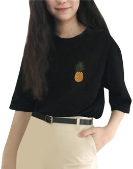 Vrouwen Casual Korte Mouw Ananas Borduurwerk O-hals Losse Tops Tee T-Shirt t-shirt Vrouwen t-shirt футболка женская zwart / M