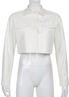 Vrouwen Casual Leren Jas Zwart Lange Mouw Knop Open Voorzijde Revers Jas Met Zakken Sml wit / S