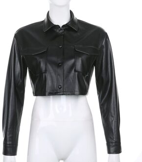 Vrouwen Casual Leren Jas Zwart Lange Mouw Knop Open Voorzijde Revers Jas Met Zakken Sml zwart / L