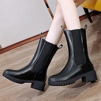 Vrouwen Chelsea Enkellaars Dames Pu Leather Chunky Dieptepunten Herfst Laarzen Hakken Schoenen Platform Plus Size 35-43