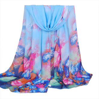 Vrouwen Chiffon Sjaals Mode Zijden Sjaal Afdrukken Lange Soft Wrap Sjaal Dames Sjaal Zomer Strand Sjaal Hijab blauw