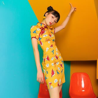 Vrouwen Chinese Jurk Qipao Jurk Verbeterd Cheongsam Afdrukken Feestjurken Nachtclub Uniform Slim Korte Mouw Meisjes Qi Pao