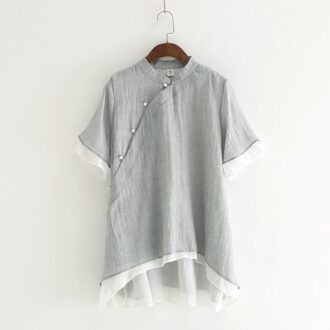 Vrouwen Chinese Stijl Korte Shirts Stand Kraag Casual Blouses Zomer Losse Vintage Tops Korte Onregelmatige Shirt Grijs