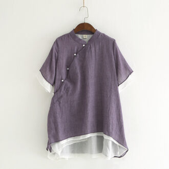 Vrouwen Chinese Stijl Korte Shirts Stand Kraag Casual Blouses Zomer Losse Vintage Tops Korte Onregelmatige Shirt Paars