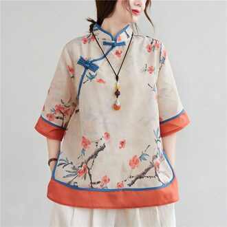 Vrouwen Chinese Traditionele Stijl Tops Katoen Linnen Losse Blouses Cheongsam Vrouwelijke Vintage Gesp Hanfu Shirts Tang Suits oranje / L