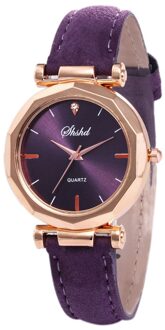 Vrouwen Classic Quartz Horloge Ruit Hoofd Frosted Pu Lederen Band Casual Horloge H5 paars