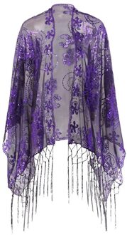 Vrouwen Dames Retro Vintage 1920 S Glinsterende Sjaal Mesh Pailletten Bloem Trim Bridal Jurk Cape Omzoomd Avond Party Shawl Wrap diep paars