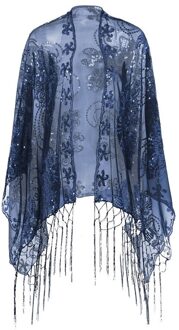 Vrouwen Dames Retro Vintage 1920 S Glinsterende Sjaal Mesh Pailletten Bloem Trim Bridal Jurk Cape Omzoomd Avond Party Shawl Wrap marine blauw