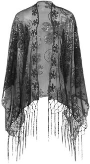 Vrouwen Dames Retro Vintage 1920 S Glinsterende Sjaal Mesh Pailletten Bloem Trim Bridal Jurk Cape Omzoomd Avond Party Shawl Wrap zwart