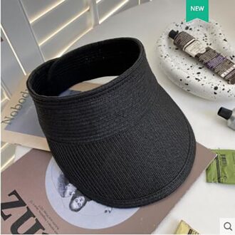 Vrouwen Dames Zomer Weave Stro Lege Top Strand Cap Effen Kleur Grote Wide Brim Uv-bescherming Zonneklep Hoed maat Verstelbaar zwart