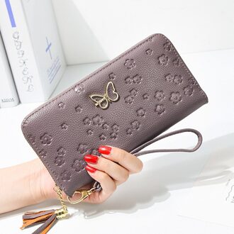 Vrouwen Dunne Portemonnee Pu Leer Effen Kleur Bloemen Vlinder Kwastje Vrouwen Portemonnee Telefoon Portemonnee Lange Kaarthouders Tas donker paars