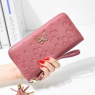 Vrouwen Dunne Portemonnee Pu Leer Effen Kleur Bloemen Vlinder Kwastje Vrouwen Portemonnee Telefoon Portemonnee Lange Kaarthouders Tas donker roze