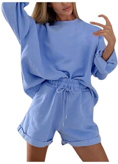 Vrouwen Effen Kleur Trainingspak Herfst Dames Casual Outfits O Hals Korte Mouw 2 Stuk Korte Set Vrouwen Sport Pak #3 L / Blauw