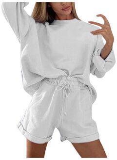 Vrouwen Effen Kleur Trainingspak Herfst Dames Casual Outfits O Hals Korte Mouw 2 Stuk Korte Set Vrouwen Sport Pak #3 S / wit