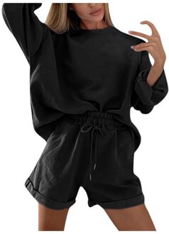 Vrouwen Effen Kleur Trainingspak Herfst Dames Casual Outfits O Hals Korte Mouw 2 Stuk Korte Set Vrouwen Sport Pak #3 S / zwart